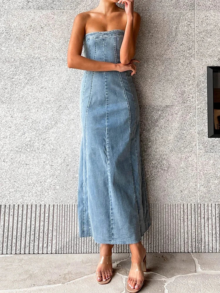 Side Slit Denim Bodycon Dress for Slim Sleeveless Maxi Dresses ’s Street Woman Autumn New