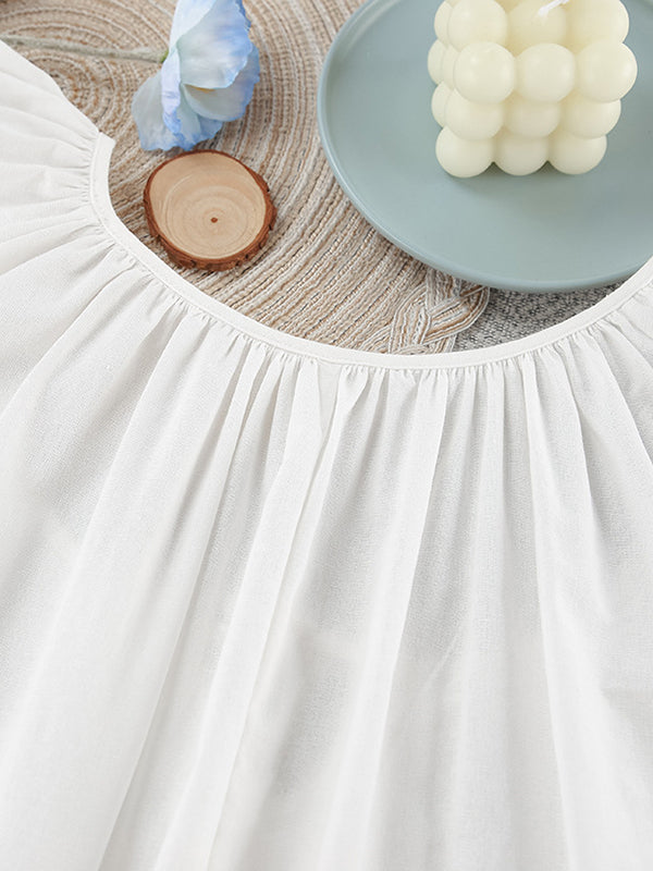 Loose Puff Sleeves Lace-up Pleated See-through Color V-neck Mini Dresses Sleep Dress