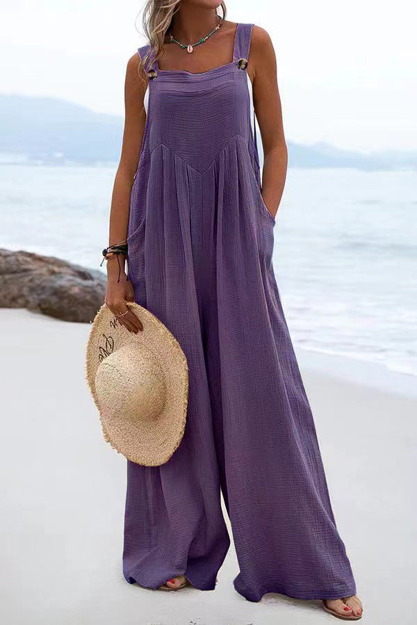 Button Suspender Wide Leg Line Jumpsuit