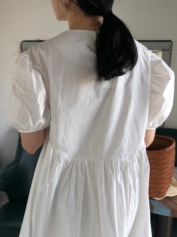 Original Loose Color Pleated Puff Sleeves Midi Dress