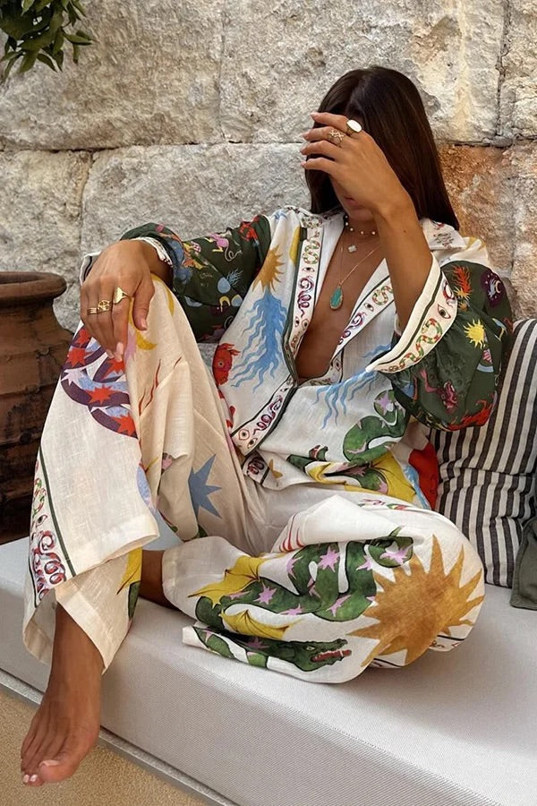 Beauty Unique Print Long Sleeve Loose Shirt and Elastic Waist Pants Set