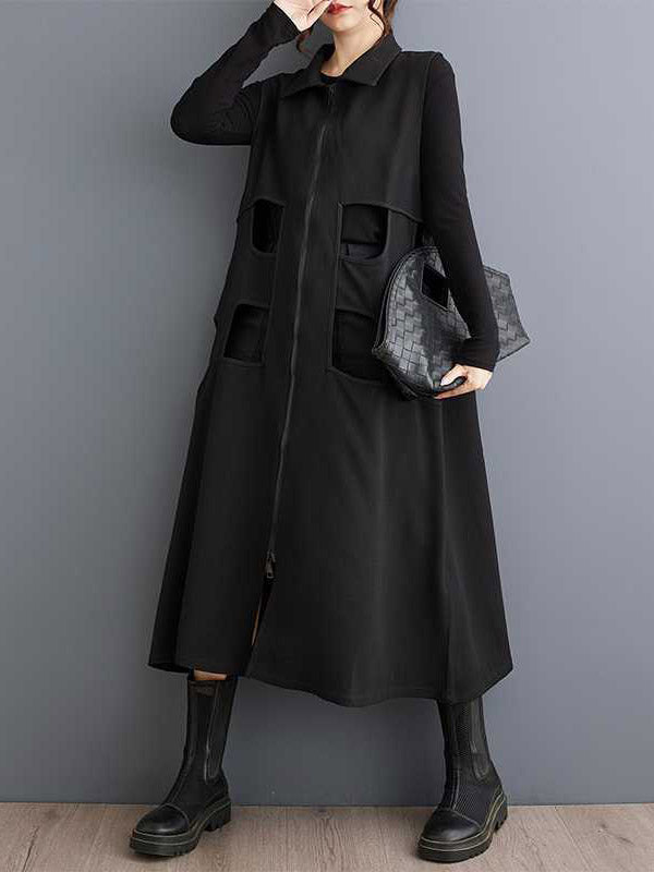 Loose Sleeveless Hollow Color Zipper Lapel Midi Dresses