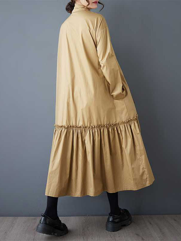 A-line Long Sleeves Buttoned Pleated Pockets Color Split-joint Lapel Midi Dresses