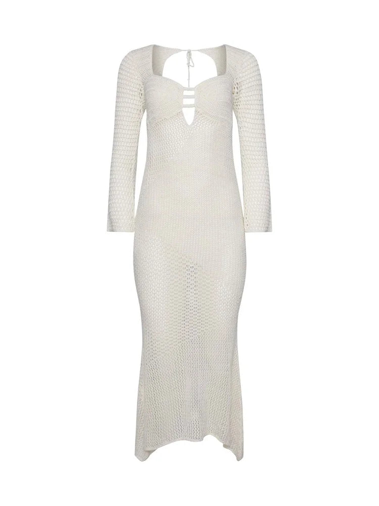 Hollow Out Knit See-through Maxi Dress Female Patchwork Backless Lace-up Slim Beach Holiday Knitwear Dress