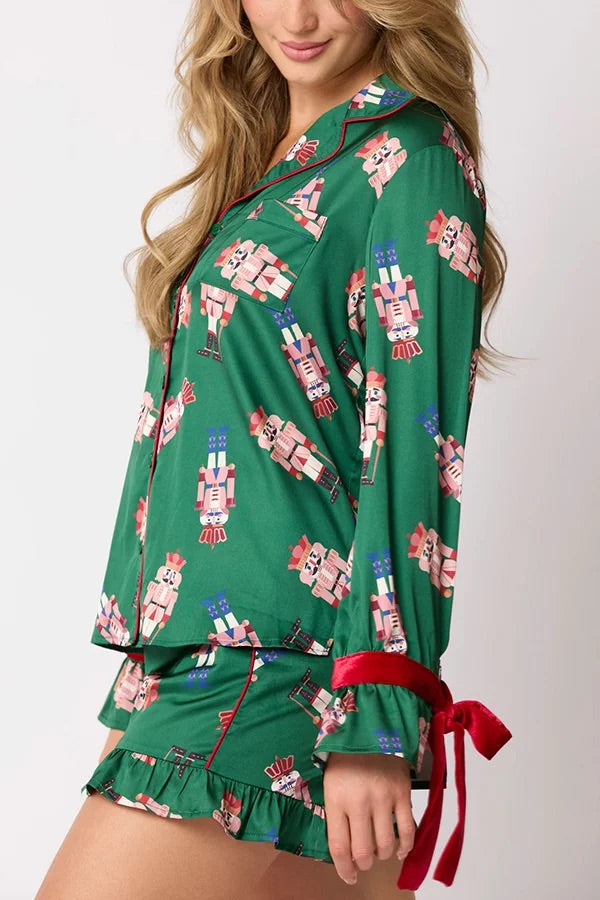 Christmas Printed Bow Tie Top and Elastic Waist Ruffle Shorts Set