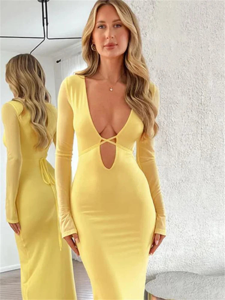 Mesh Lace-up Hollow Out Maxi Dress – V-neck Bandage Party Dress