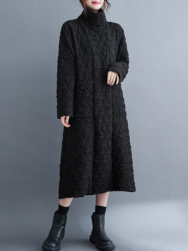 Long Sleeves Loose Color Textured High-neck Cotton Padded Midi Dresses