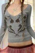 Retro Heart Slouchy V-neck Sweater