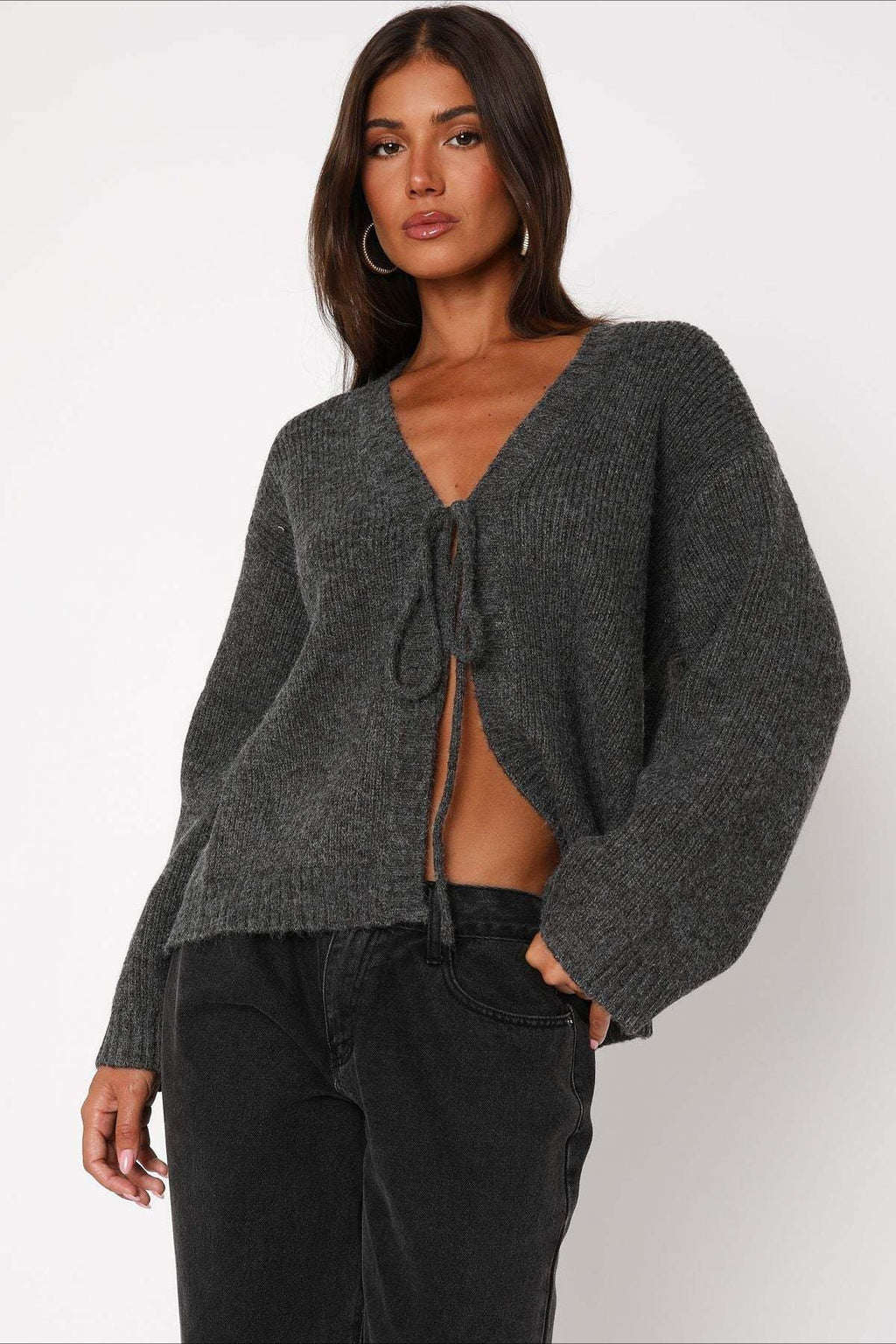 V-neck Tie Front Knit Cardigan Sweater