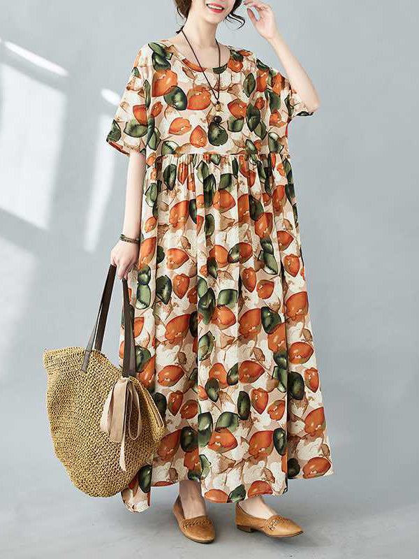 Half Sleeves Loose Pleated Printed Split-joint Round-neck Midi Dresses