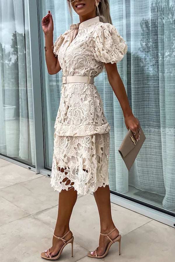 Absolutely Crochet Lace Puff Sleeve Belted Shirt Midi Dress