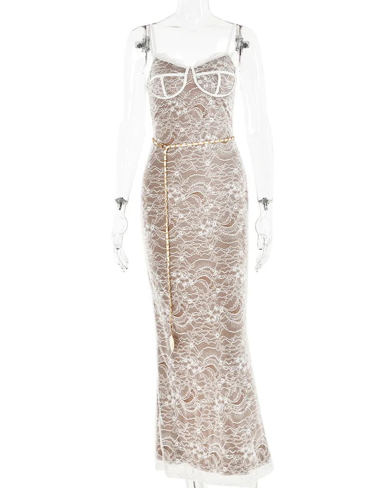 Lace Print Double Layer Dress for Bodycon Backless Metal Heart Pendant Maxi Dress Party Club Evening Dress