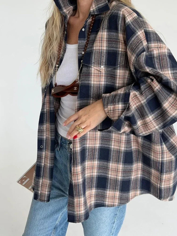 Retro Blouse Autumn Winter Loose Long Shirts Female Plaid Basic Street Cardigan Woman Clothing