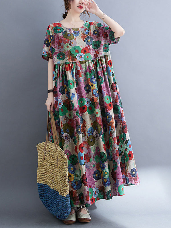 Loose Multi-colored Printed Midi Dress