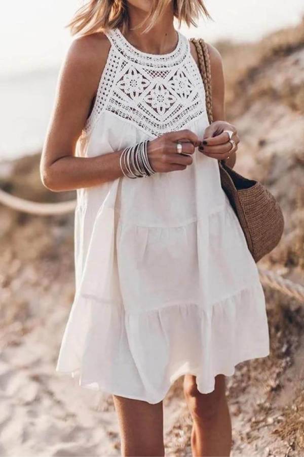Hollow Lace Patchwork Halterneck A-line Mini Dress