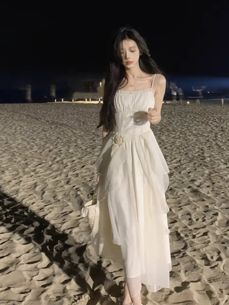 Irregular Ruffles Midi Dress New Summer Spaghetti Strap Beach Vocation Korean Female Vestidos