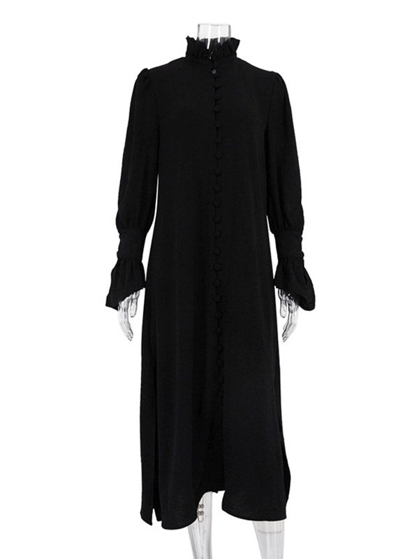 Flared Sleeves Long Sleeves Buttoned Color Split-side Stand Collar Midi Dresses Shirt Dress