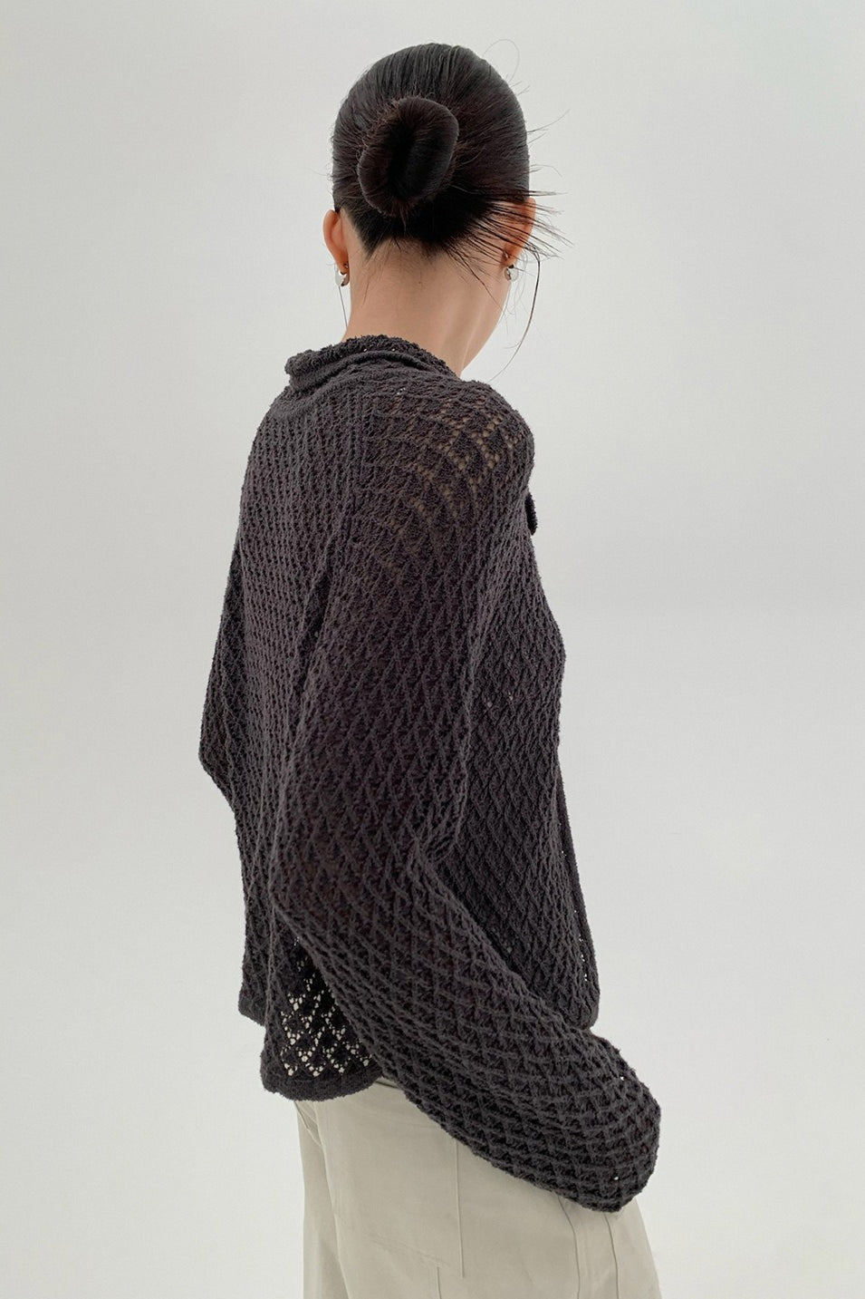 Hollow-out Collared Tie-waist Long-sleeve Short Knit Cardigan