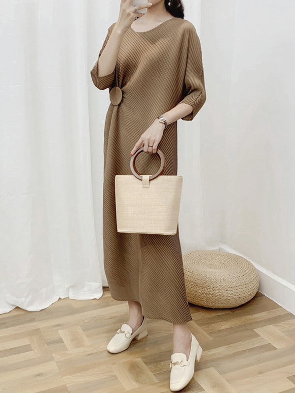 Half Sleeves Irregular Clipping Pleated Color Round-neck Midi Dresses
