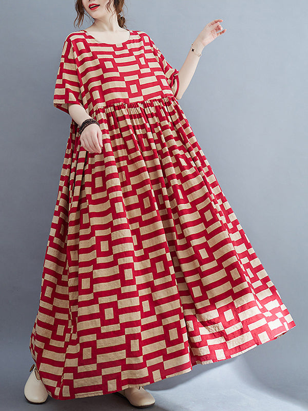 Loose Short Sleeves Plaid Round-neck Midi Dresses