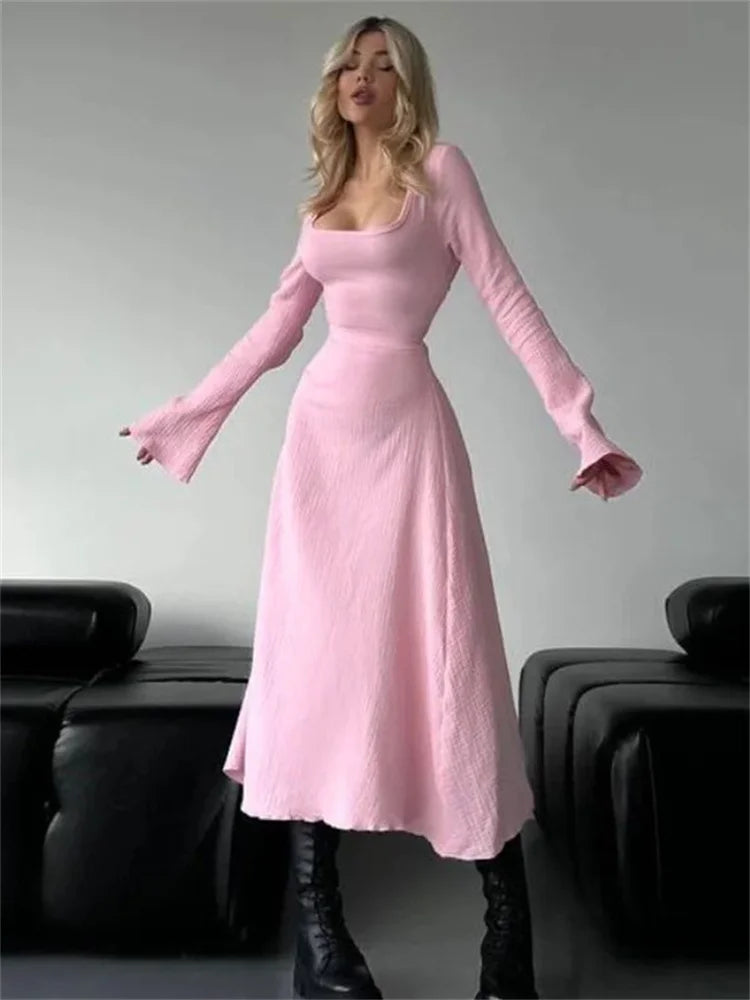 Bandage for Maxi Dress Slim Long Sleeve Square Collar Patchwork Autumn Dress Female Lace-up Dress