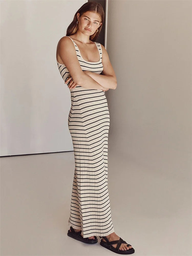 Striped Knit Backless Maxi Dress for Scoop Neck Sleeveless Slim Party Dress Spaghetti Holiday Beach Dress