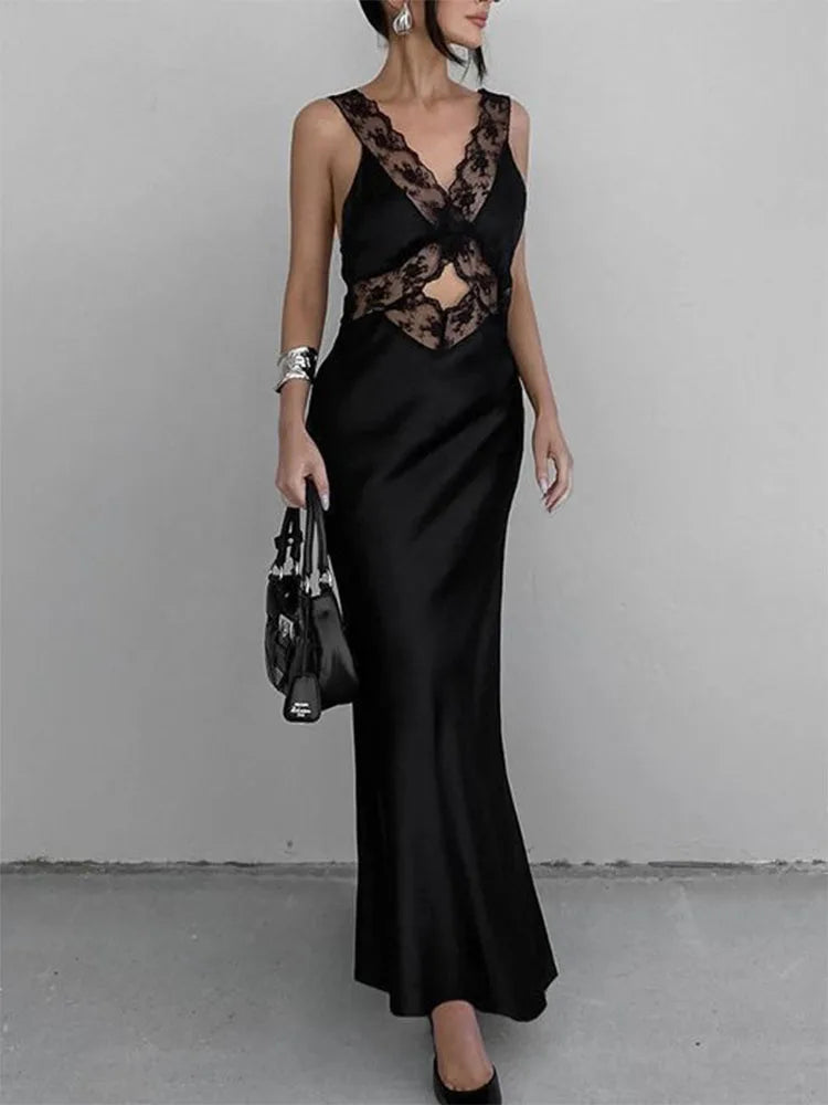 Lace Slim Maxi Dresses for Clothing Deep V Neck High Wasit Long Dress Party Evening Dress Woman
