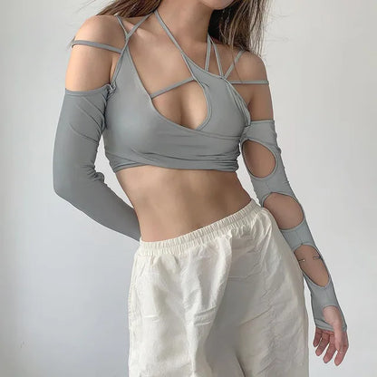 Punk Halter Tops Gothic Egirl Patchwork Long Sleeve Crop Top Cut Out T-shirts