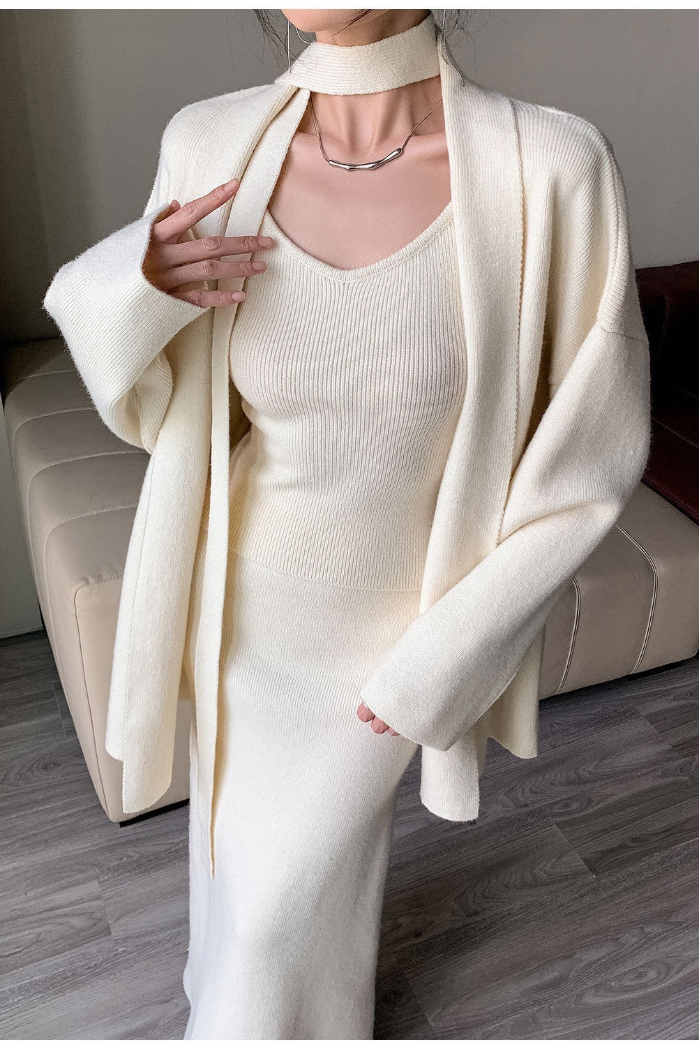 Ribbed High-end Knit Cardigan Tank Wide-leg Pants Three Piece Set