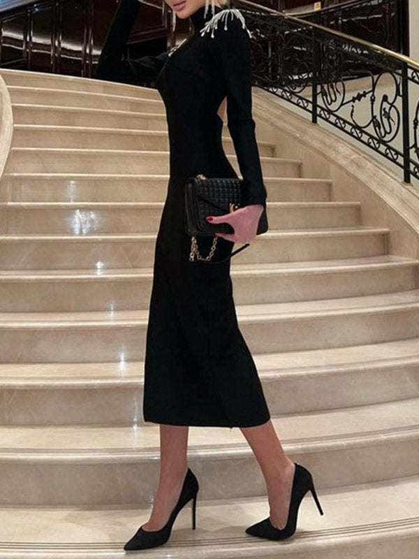 Long Sleeves Skinny Back Cross Split-side Tasseled High Neck Evening Dresses Midi Dresses