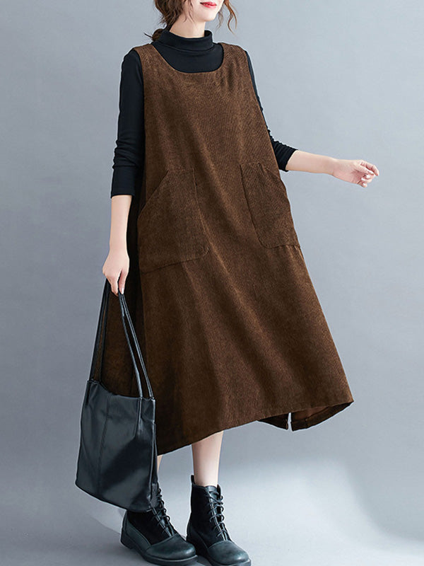 Corduroy Sleeveless Split-joint Round-neck Midi Dress