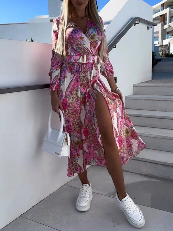 High Waisted Long Sleeves Belted Elasticity Flower Print Split-front V-neck Midi Dresses