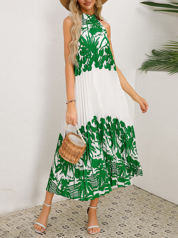A-line Loose Hollow Pleated Printed Tied Mock Neck Midi Dresses