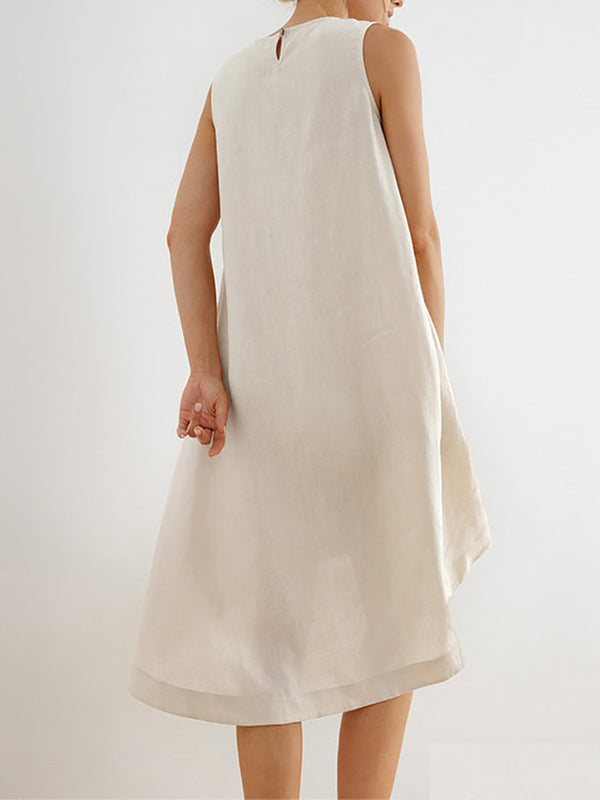 High-low Loose Color Round-neck Midi Dresses