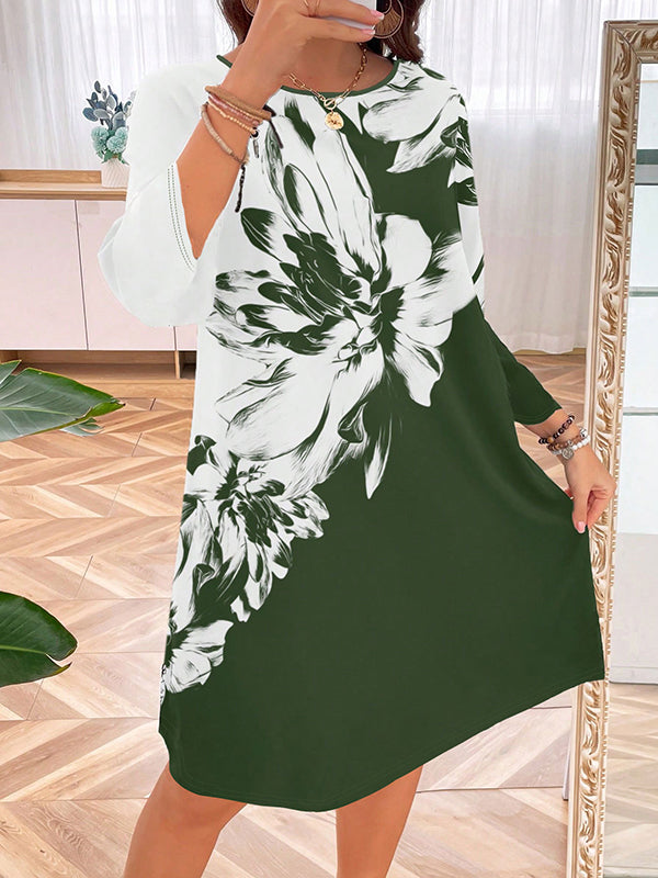 A-line Long Sleeves Flower Print Split-joint Round-neck Midi Dresses