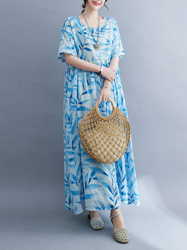 Loose Short Sleeves Leaf Pleated Printed Split-joint Round-neck Midi Dresses