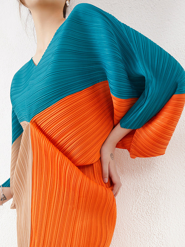 Original Loose Contrast Color Pleated V-neck Midi Dresses