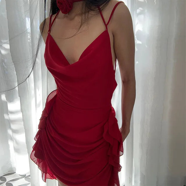 Backless Dress for Ruffle Folds Slim Mini Dresses Holiday Bandage V Neck Lace Up Dress Woman