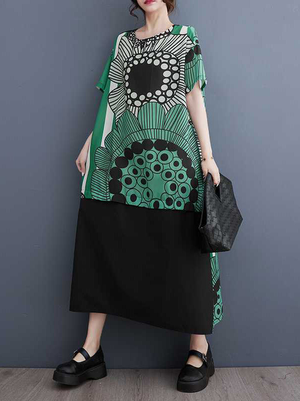 A-line Loose Flower Print Pockets Split-joint Round-neck Midi Dresses