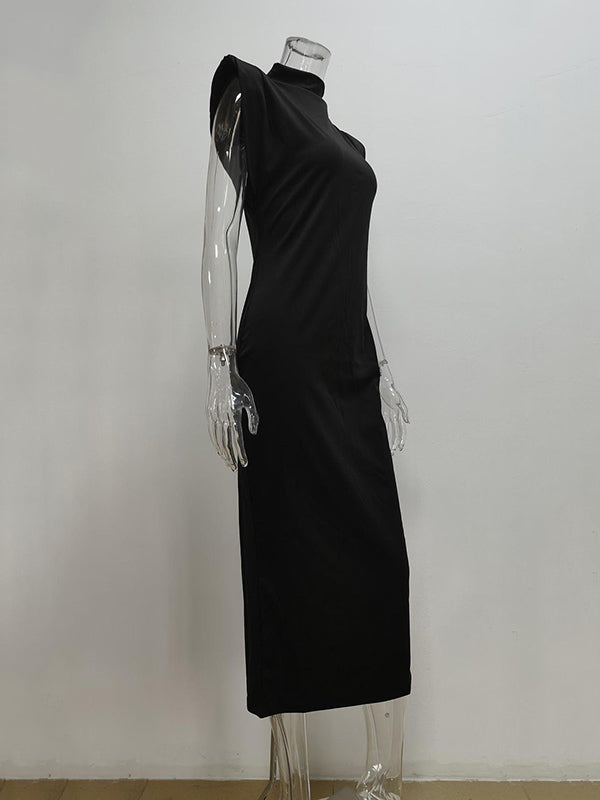 Skinny Color Zipper Mock Neck Midi Dresses