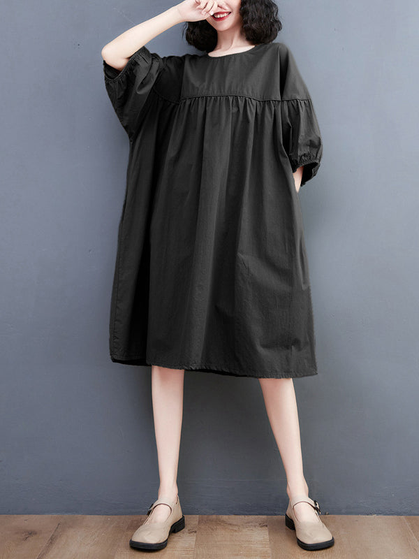 Loose Short Sleeves Color Round-neck Midi Dresses