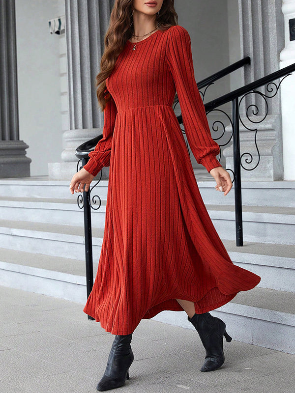 A-line Long Sleeves Color Split-joint Round-neck Midi Dresses
