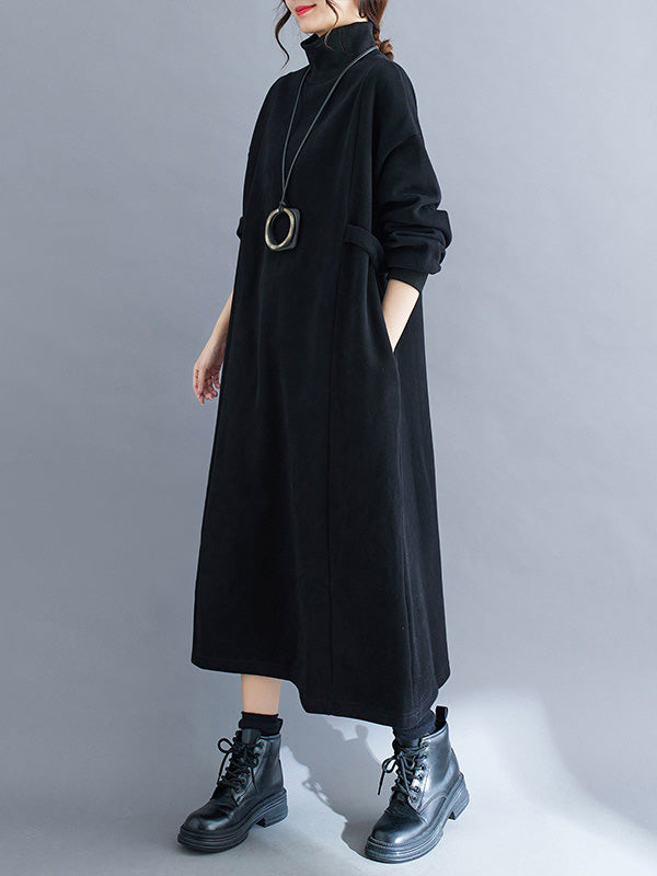 A-line Long Sleeves Color Mock Neck Midi Dresses