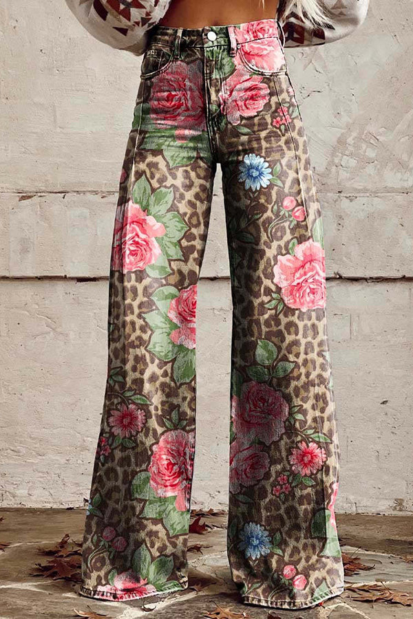 Unique Print Button Pocket Wide Leg Pants
