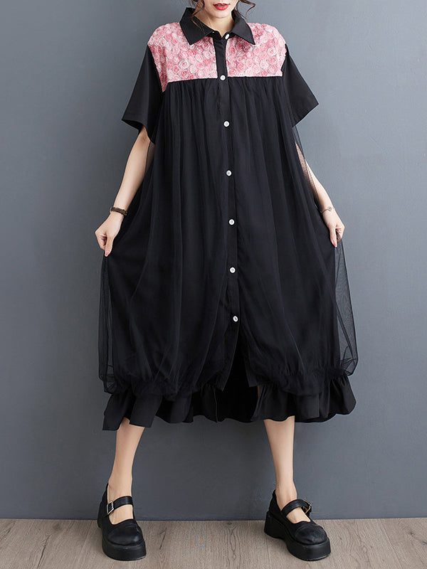 Loose Short Sleeves Falbala Printed Split-joint Lapel Midi Dresses