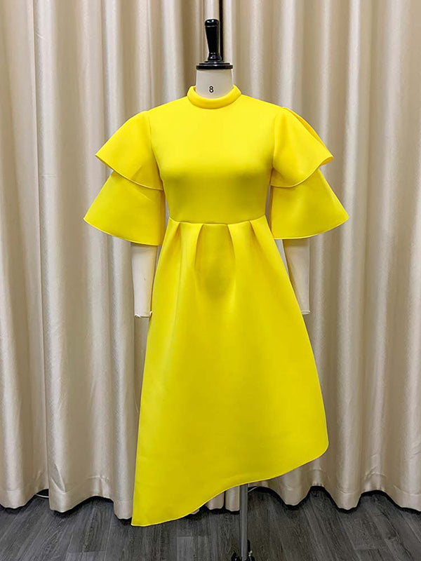 Original Loose Half Sleeves Falbala Color Round-neck Midi Dresses