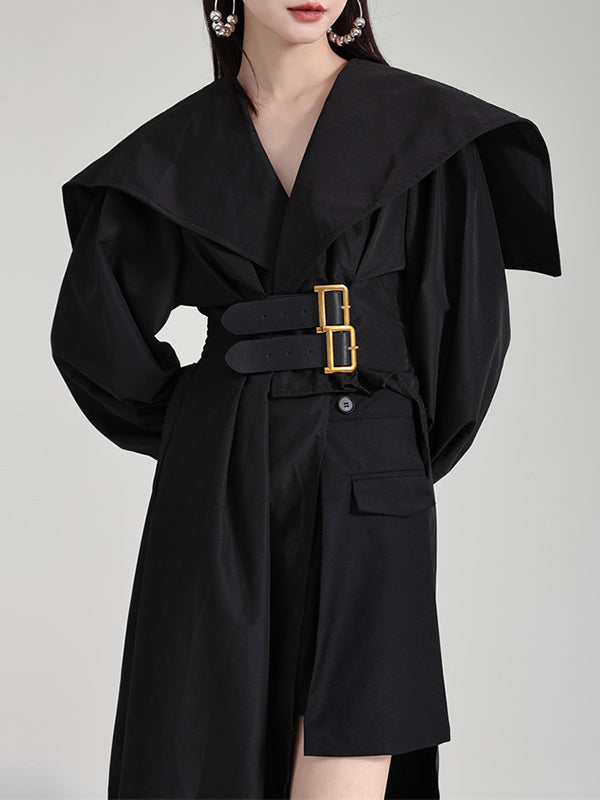 High Waisted Long Sleeves Asymmetric Belted Pleated Color Lapel Midi Dresses
