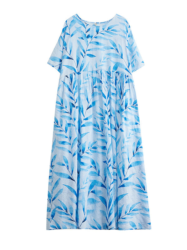 Loose Short Sleeves Leaf Pleated Printed Split-joint Round-neck Midi Dresses
