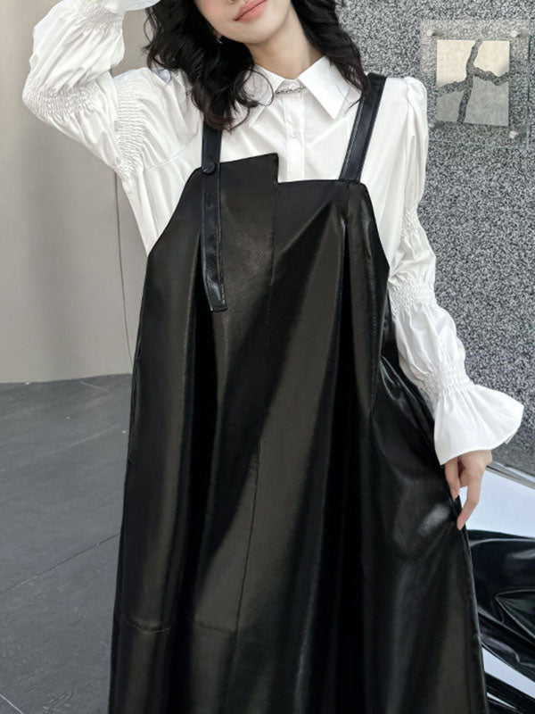 A-line Loose Asymmetric Pleated Color Split-joint Square-neck Midi Dresses Slip Dress