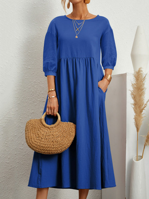 11 Colors Simple Round-neck Color Midi Dress